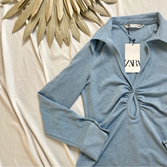 Zara Open Detail Ruched Blue Metallic Silver Keyhole Knit Y2K Blouse Top Medium - Picture 4 of 7